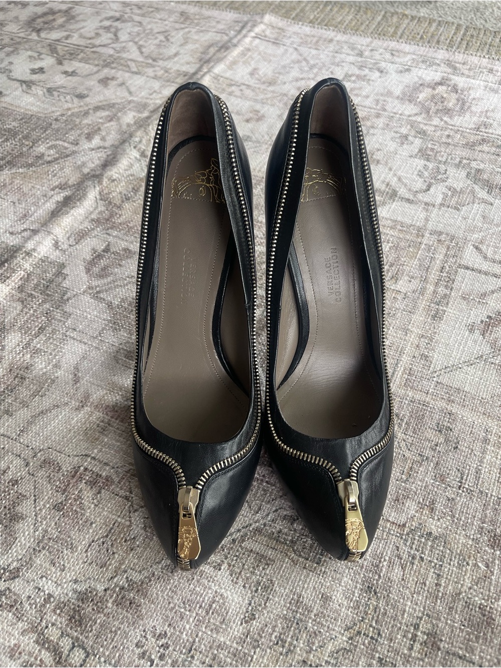 Versace Collection Black Pointed-Toe Pumps with Gold Zip Detail